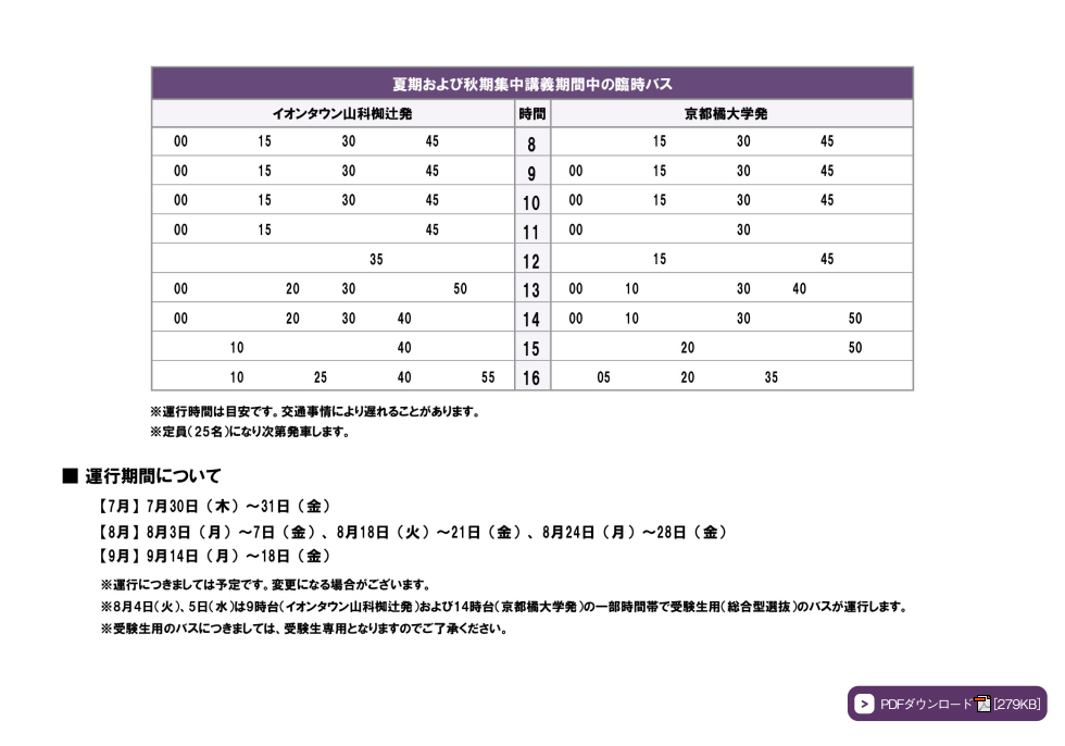 時刻表【イオンタウン山科椥辻～京都橘大学 シャトルバス】