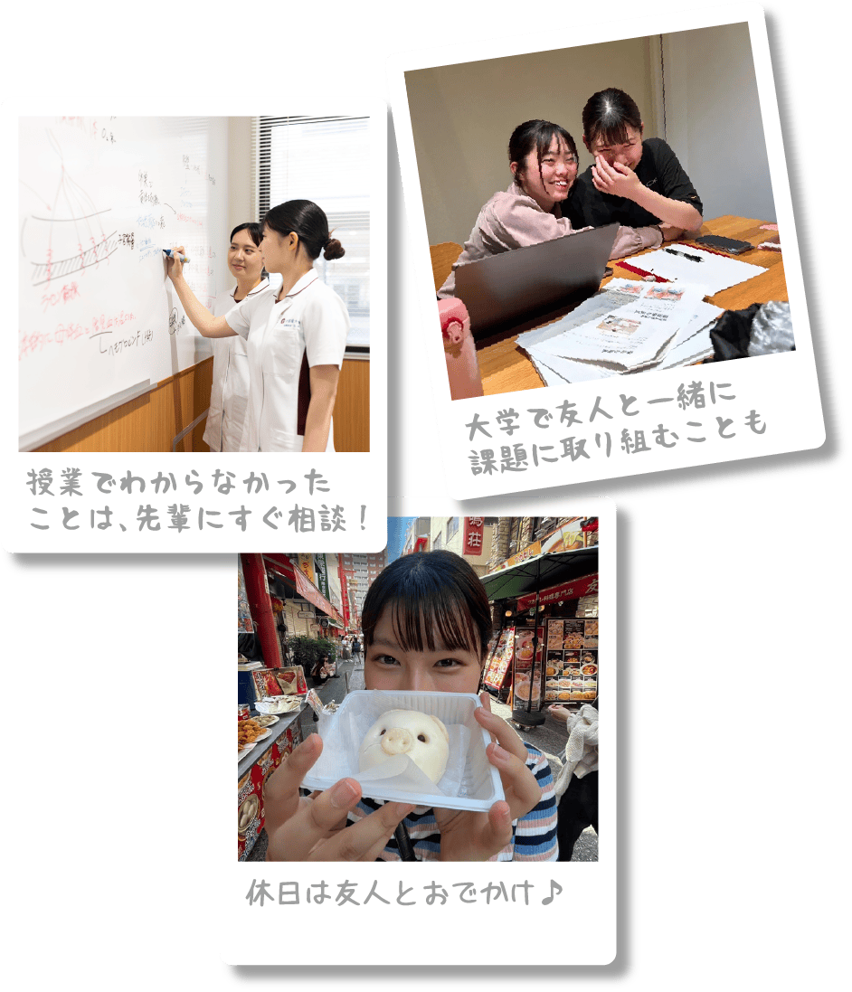 趣味3つ「授業でわからなかったことは、先輩にすぐ相談!」「休日は友人とおでかけ♪」「大学で友人と一緒に課題に取り組むことも」