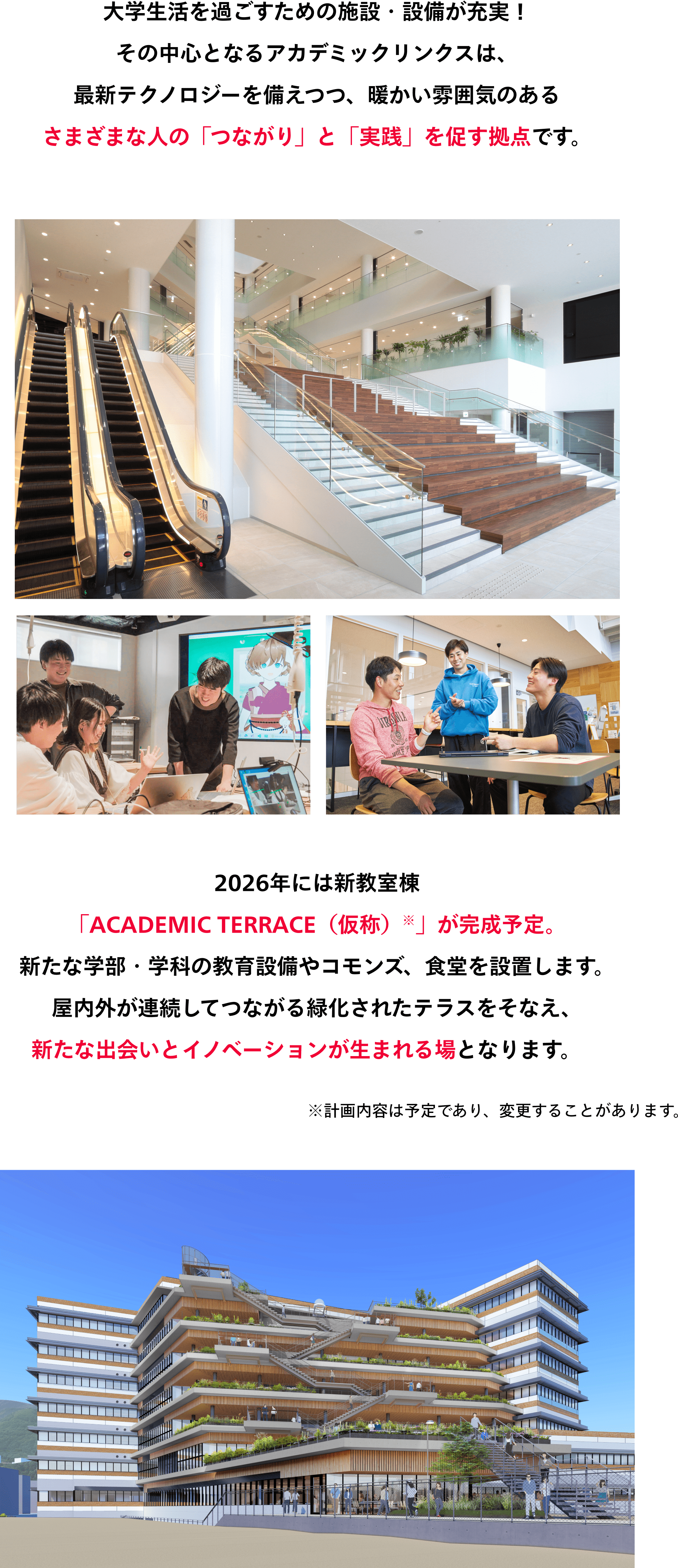 大学生活を過ごすための施設・設備が充実！ その中心となるアカデミックリンクスは、 最新テクノロジーを備えつつ、暖かい雰囲気のある さまざまな人の「つながり」と「実践」を促す拠点です。2026年には新教室棟 「ACADEMIC TERRACE（仮称）※」が完成予定。 新たな学部・学科の教育設備やコモンズ、食堂を設置します。 屋内外が連続してつながる緑化されたテラスをそなえ、 新たな出会いとイノベーションが生まれる場となります。※計画内容は予定であり、変更することがあります。