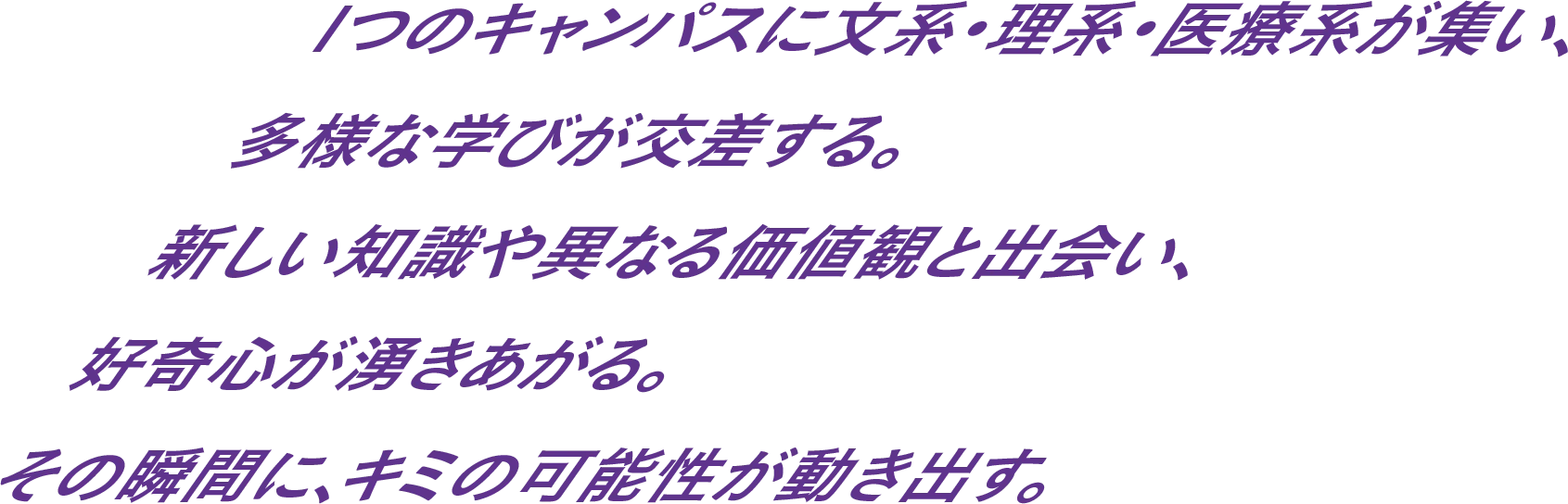 1つのキャンパスに文系・理系・医療系が集い、多様な学びが交差する。新しい知識や異なる価値観と出会い、好奇心が湧きあがる。その瞬間に、キミの可能性が動き出す。
