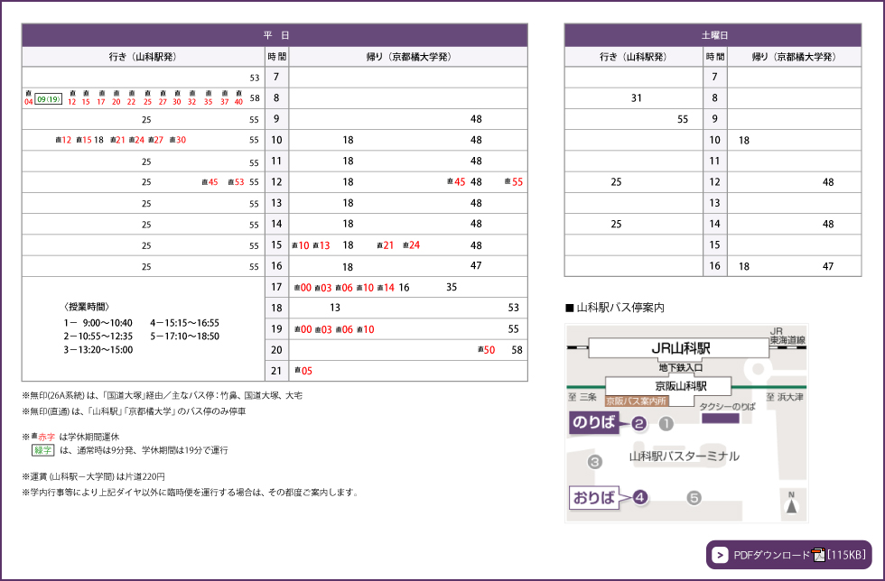 時刻表【山科駅～京都橘大学間】