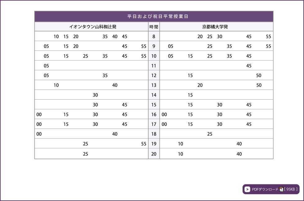 時刻表【イオンタウン山科椥辻～京都橘大学 シャトルバス】