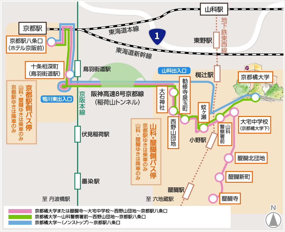 京都駅～京都橘大学　バス路線図