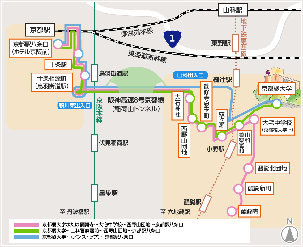 京都駅～京都橘大学　バス路線図