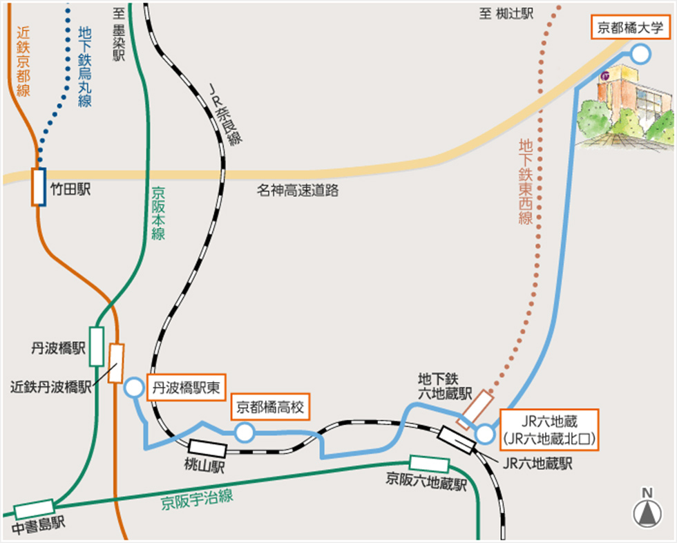 丹波橋～JR六地蔵～京都橘大学　バス路線図