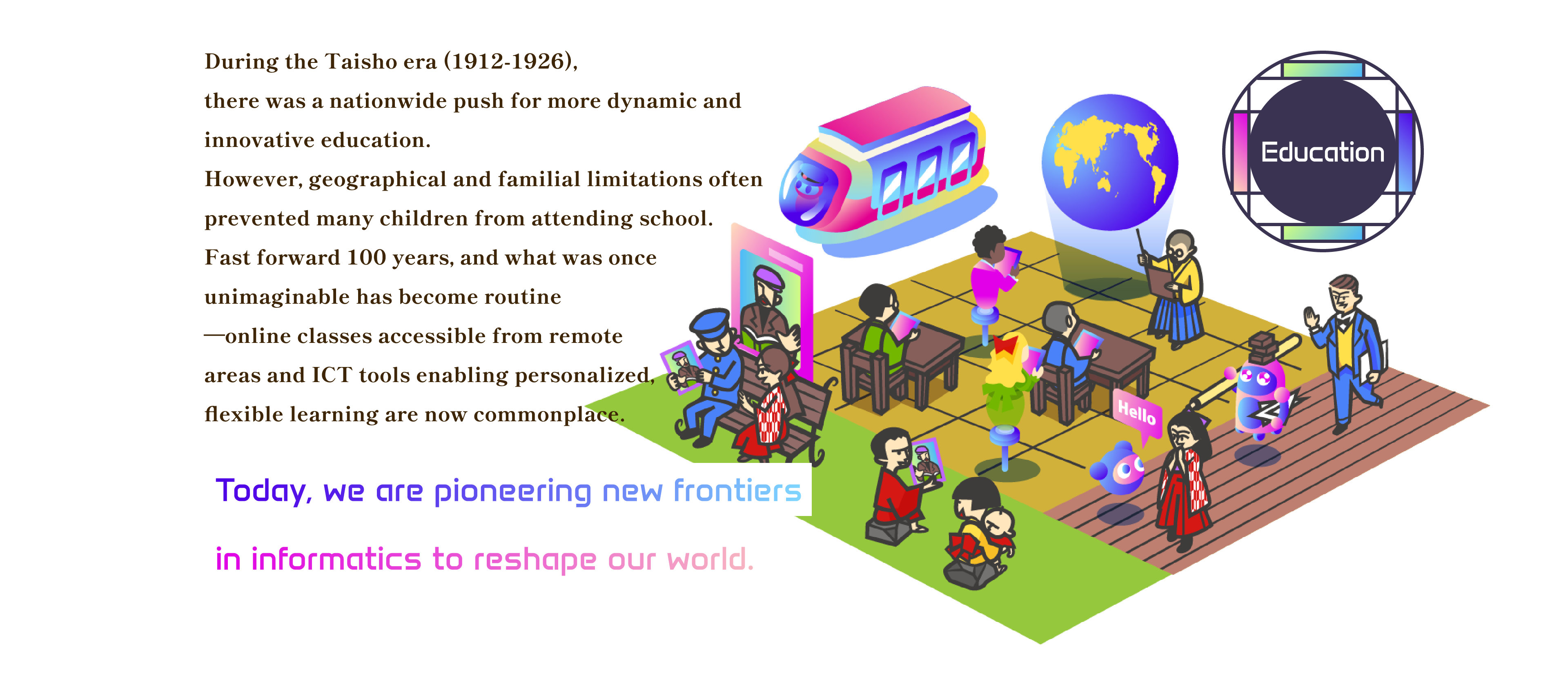 [Education] During the Taisho era (1912-1926), there was a nationwide push for more dynamic and innovative education. However, geographical and familial limitations often prevented many children from attending school. Fast forward 100 years, and what was once unimaginable has become routine—online classes accessible from remote areas and ICT tools enabling personalized, flexible learning are now commonplace.Today, we are pioneering new frontiers in informatics to reshape our world.